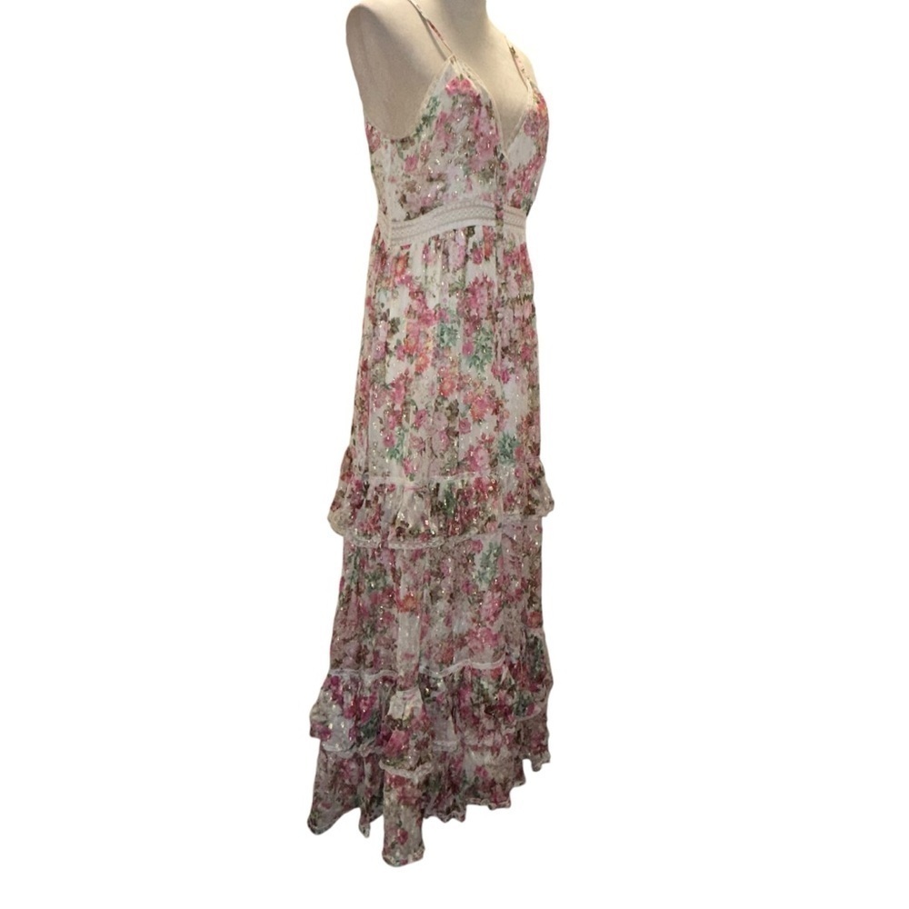 Rococo Sand Vie Pink Cream Tiered Chiffon Ruffled Maxi Dress Large L - Picture 7 of 16